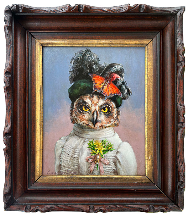 السيدة البومة قصيرة الأذنين أكريليك وزيت على قطن أسكوت مثبت على لوح ACM (8بوصة X 10بوصة) في إطار عتيق مرمم (125بوصة x 14.5بوصة) يضم البومة قصيرة الأذنين، نبتة سانت جون البلوتية، وورقة نبات الماعز.